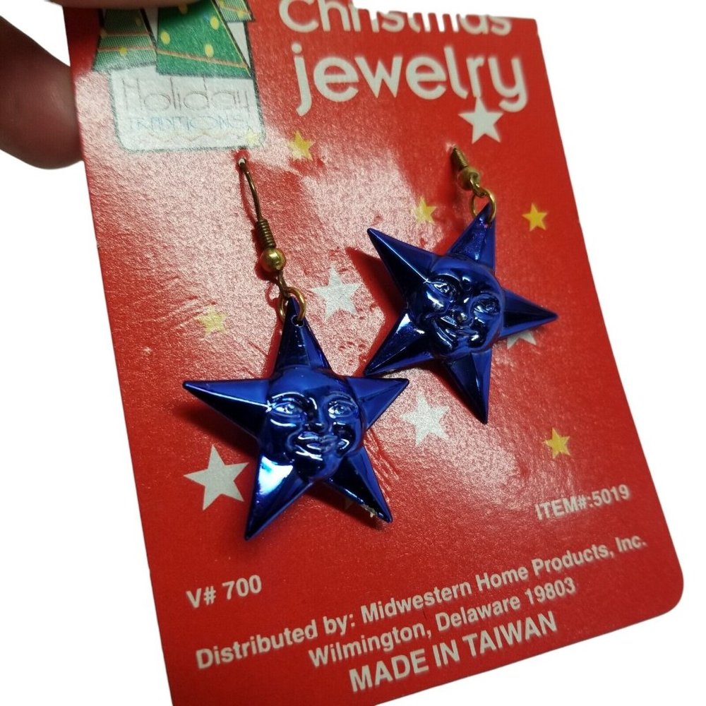 Blue Star Dangle Earrings Face Celestial Space Plastic Lightweight Metallic